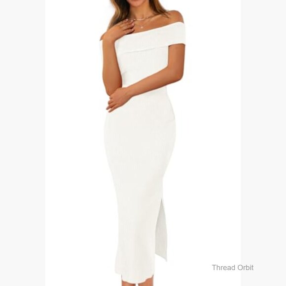 Off Shoulder Bodycon Midi Dress Knit Sweater Formal Cocktail Slim Fit - Picture 2 of 7